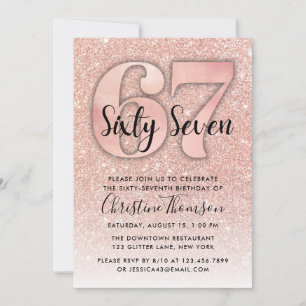 Roos Gold Glitter 67th Birthday Invitation Kaart