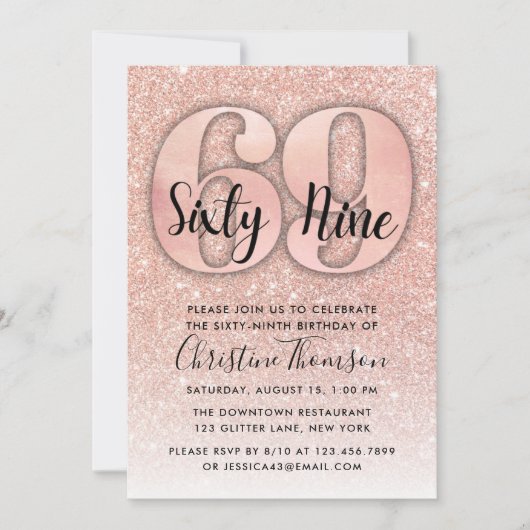 Roos Gold Glitter 69th Birthday Invitation Kaart (Voorkant)