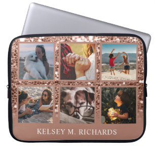 Roos Gold Glitter 6 Foto Collage met naam Laptop Sleeve