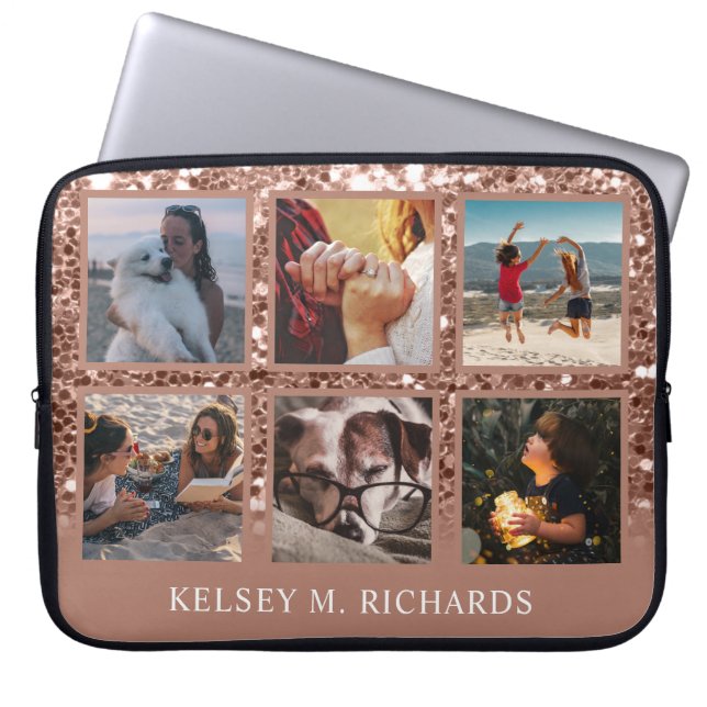 Roos Gold Glitter 6 Foto Collage met naam Laptop Sleeve (Voorkant)