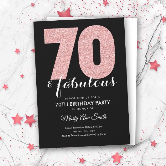 Roos Gold Glitter 70 & Fabulous Birthday Party Kaart