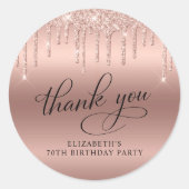 Roos Gold Glitter 70e Verjaardagsfeestje Dank je Ronde Sticker (Voorkant)