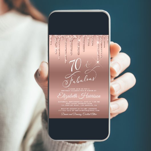 Roos Gold Glitter 70th Birthday Party Invitation Kaart