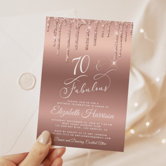 Roos Gold Glitter 70th Birthday Party Invitation Kaart