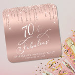 Roos Gold Glitter 70th Birthday Party Kartonnen Onderzetters<br><div class="desc">Chique aangepaste onderzetters voor haar 70ste verjaardagsfeestje met "70 & Fabulous" in een wit kalligrafiescript,  een roos gouden faux folie achtergrond en druppend roos gouden faux glitter. Perfect voor tafeldecor dat gasten mee naar huis kunnen nemen als souvenirfeestje.</div>