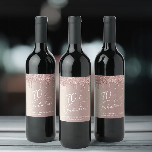 Roos Gold Glitter 70th Birthday Party Wijn Etiket