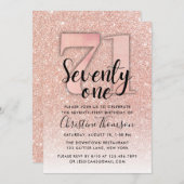 Roos Gold Glitter 71st Birthday Uitnodiging (Voorkant / Achterkant)