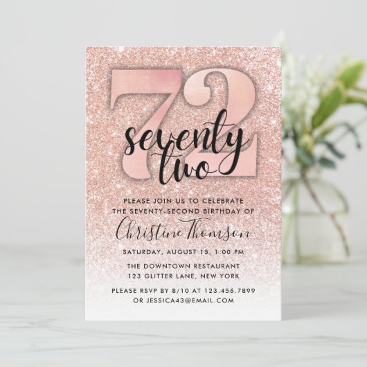 Roos Gold Glitter 72e verjaardag Uitnodiging (Staand voorkant)