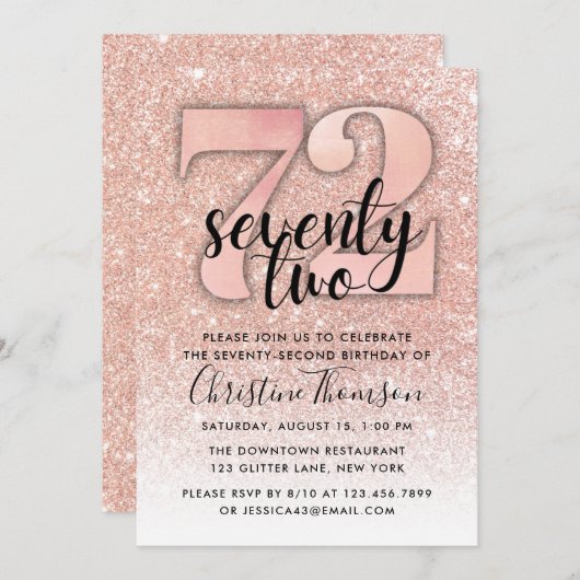 Roos Gold Glitter 72e verjaardag Uitnodiging (Voorkant / Achterkant)