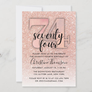 Roos Gold Glitter 74th Birthday Invitation Kaart