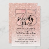 Roos Gold Glitter 75th Birthday Invitation Kaart (Voorkant / Achterkant)