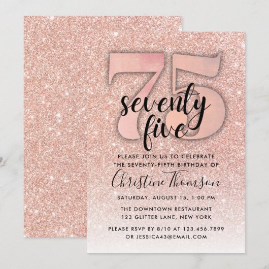 Roos Gold Glitter 75th Birthday Invitation Kaart (Voorkant / Achterkant)