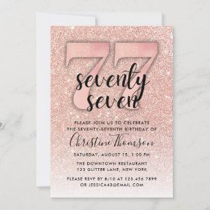 Roos Gold Glitter 77th Birthday Invitation Kaart