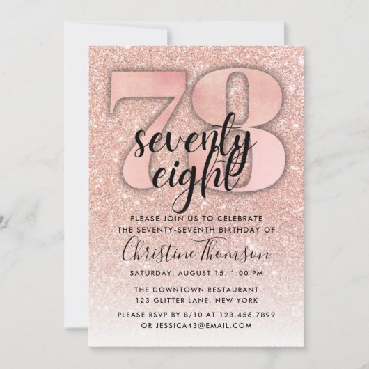 Roos Gold Glitter 78th Birthday Invitation Kaart (Voorkant)