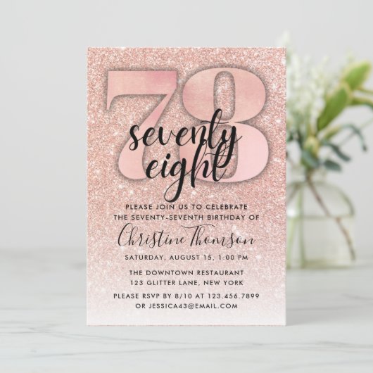 Roos Gold Glitter 78th Birthday Invitation Kaart (Staand voorkant)
