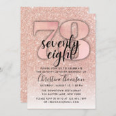 Roos Gold Glitter 78th Birthday Invitation Kaart (Voorkant / Achterkant)