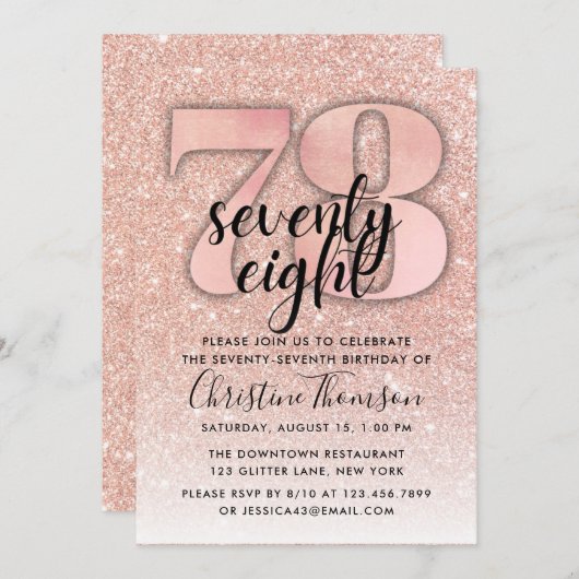 Roos Gold Glitter 78th Birthday Invitation Kaart (Voorkant / Achterkant)