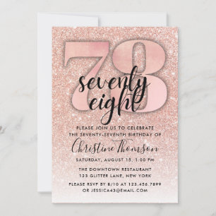 Roos Gold Glitter 78th Birthday Invitation Kaart