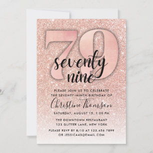 Roos Gold Glitter 79th Birthday Invitation Kaart