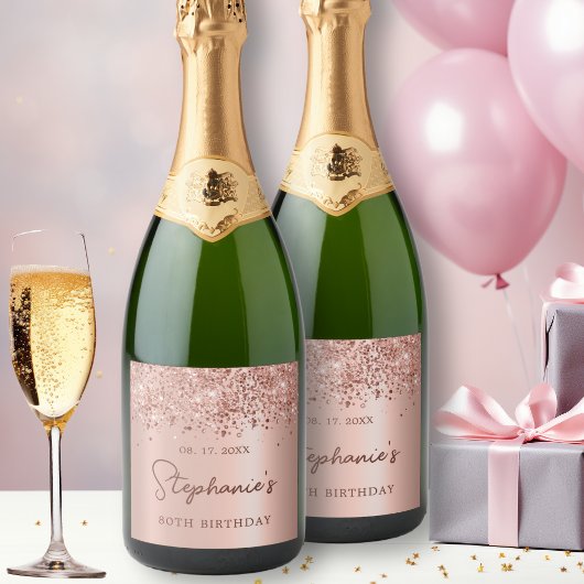 Roos Gold Glitter 80e Verjaardag Monogram Script Sparkling Wijnetiket