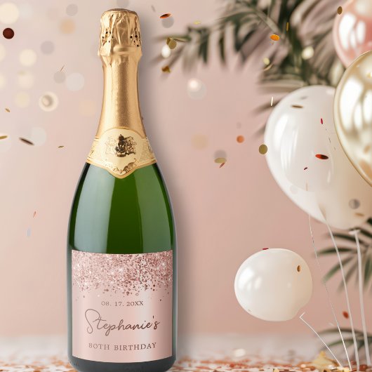 Roos Gold Glitter 80e Verjaardag Monogram Script Sparkling Wijnetiket