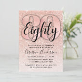 Roos Gold Glitter 80th Birthday Invitation Kaart (Staand voorkant)