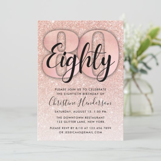 Roos Gold Glitter 80th Birthday Invitation Kaart (Staand voorkant)