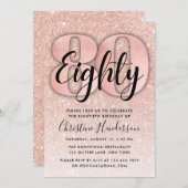 Roos Gold Glitter 80th Birthday Invitation Kaart (Voorkant / Achterkant)
