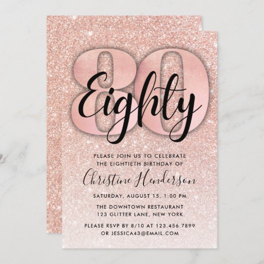 Roos Gold Glitter 80th Birthday Invitation Kaart (Voorkant / Achterkant)