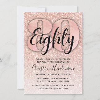 Roos Gold Glitter 80th Birthday Invitation Kaart