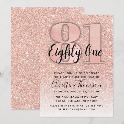 Roos Gold Glitter 81st Birthday Uitnodiging (Voorkant / Achterkant)