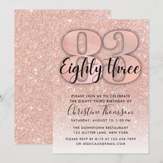 Roos Gold Glitter 83rd Birthday Invitation Kaart (Voorkant / Achterkant)