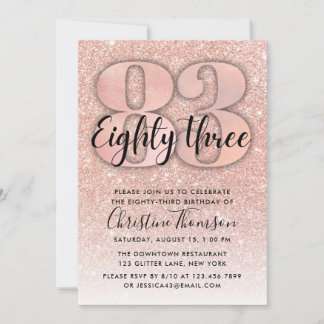 Roos Gold Glitter 83rd Birthday Invitation Kaart