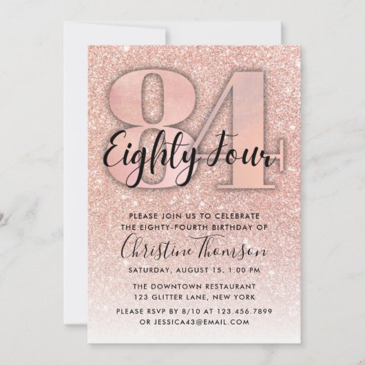 Roos Gold Glitter 84th Birthday Invitation Kaart