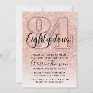 Roos Gold Glitter 84th Birthday Invitation Kaart