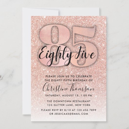 Roos Gold Glitter 85th Birthday Invitation Kaart (Voorkant)