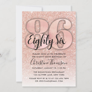 Roos Gold Glitter 86th Birthday Invitation Kaart