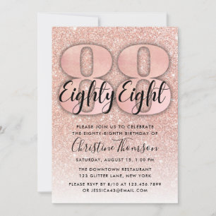 Roos Gold Glitter 88th Birthday Invitation Kaart