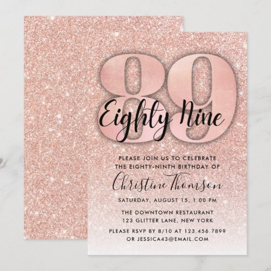 Roos Gold Glitter 89th Birthday Invitation Kaart (Voorkant / Achterkant)