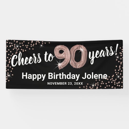 Roos Gold Glitter 90e Verjaardag Spandoek (Horizontaal)