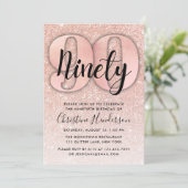 Roos Gold Glitter 90th Birthday Invitation Kaart (Staand voorkant)