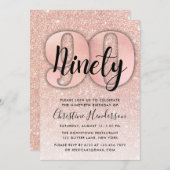 Roos Gold Glitter 90th Birthday Invitation Kaart (Voorkant / Achterkant)