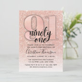 Roos Gold Glitter 91st Birthday Invitation Kaart (Staand voorkant)