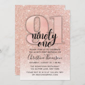 Roos Gold Glitter 91st Birthday Invitation Kaart (Voorkant / Achterkant)