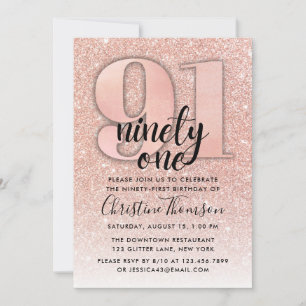 Roos Gold Glitter 91st Birthday Invitation Kaart