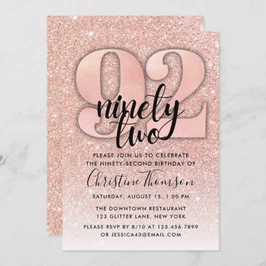 Roos Gold Glitter 92e verjaardag Uitnodiging (Voorkant / Achterkant)