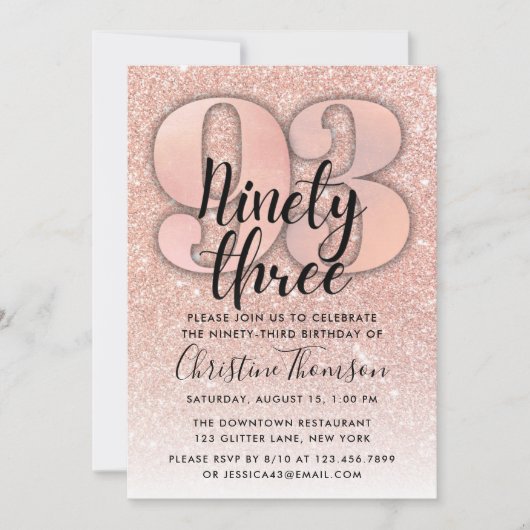 Roos Gold Glitter 93rd Birthday Invitation Kaart (Voorkant)