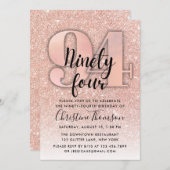Roos Gold Glitter 94th Birthday Invitation Kaart (Voorkant / Achterkant)