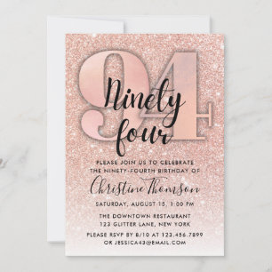 Roos Gold Glitter 94th Birthday Invitation Kaart