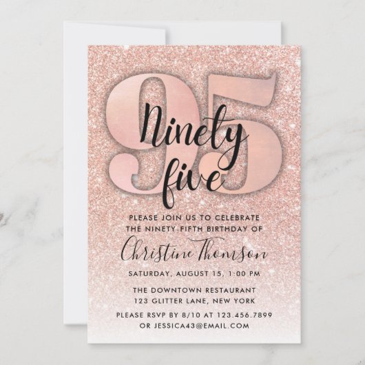 Roos Gold Glitter 95th Birthday Invitation Kaart (Voorkant)